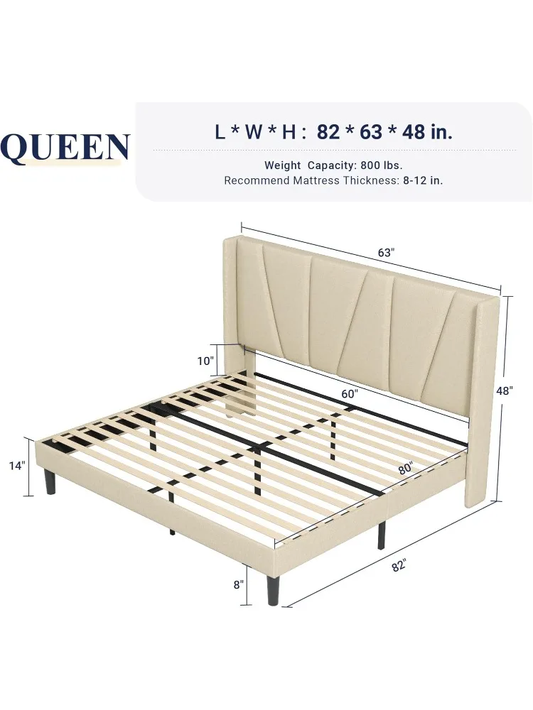 Queen Size Platform Bed Frame with Geometric Wingback Headboard, Modern Upholstered Bed with Wooden Slats Support