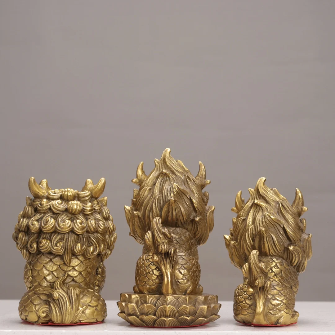 7"Tibetan Temple Collection Old Brass Chinese Loong Statue Dragon Baby A Set Amass wealth Ornaments Town house Exorcism view 2