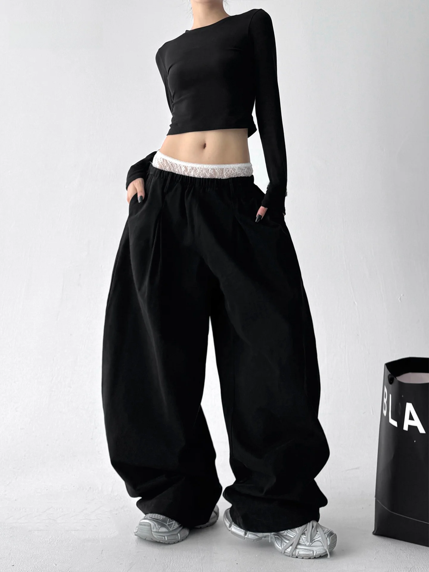 

Новые женские повседневные брюки из кружева на осень 2025 года, свободные прямые, в корейском стиле, для ранней осени, модные, универсальные, из чистого хлопка, с высокой талией