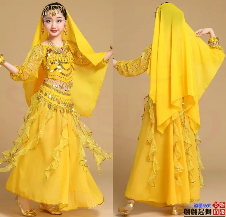 Performance Costume Xinjiang Dance Performance Costume Girl\'s Belly Sleeved Indian Dance Costume Children\'s Ethnic Dance Costume