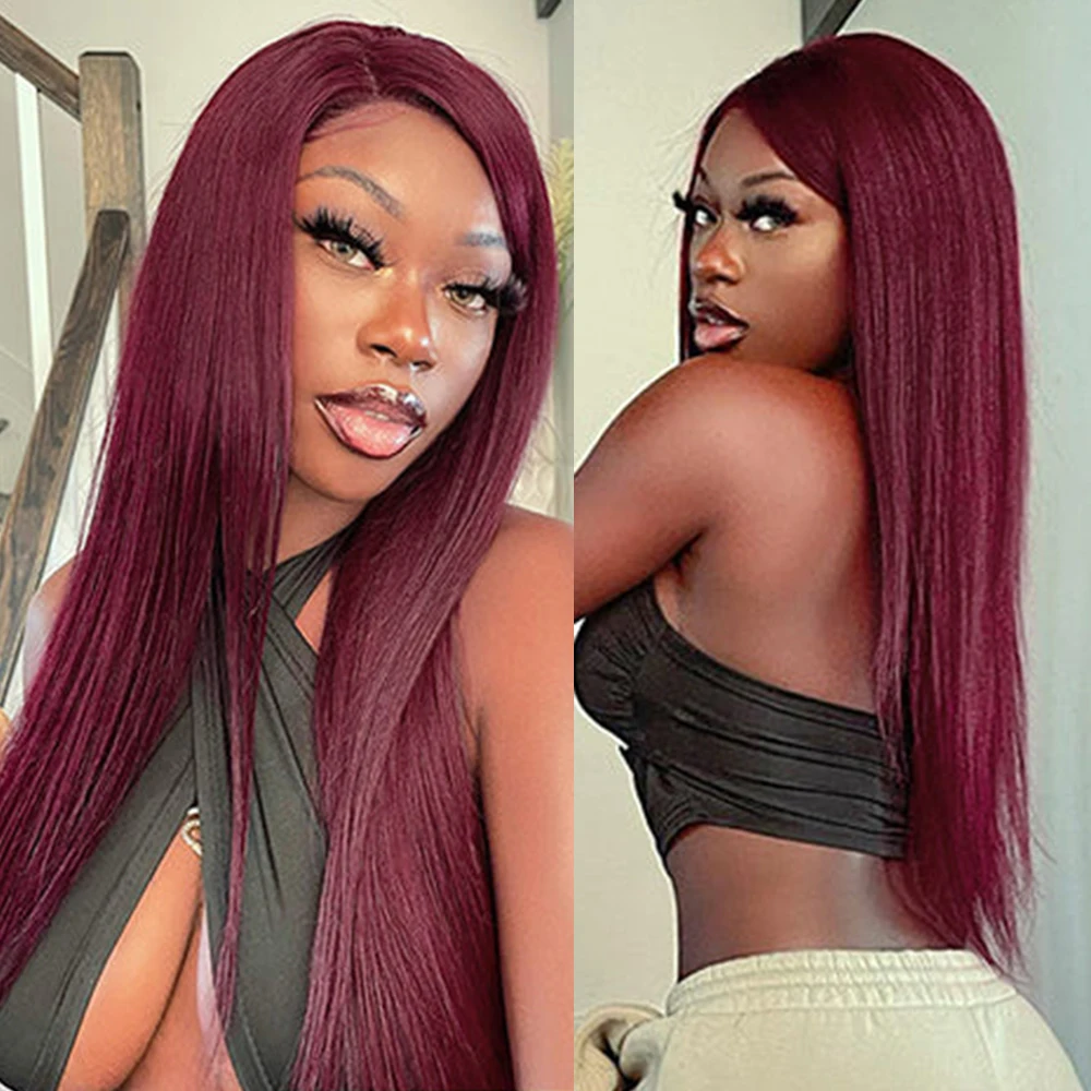 4x4 Lace Wig Burgundy Colored 13x4 Transparent Lace Front Human Hair Wigs For Women Pre-Pucked 4x4 Closure Wig Almac