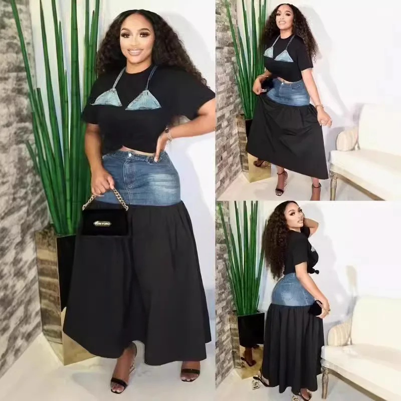 2 Pieces Set Sexy Fashion Denim Women Set Spring Summer Female Pullover Short Sleeve Top And Maxi Skirts Women's Clothing