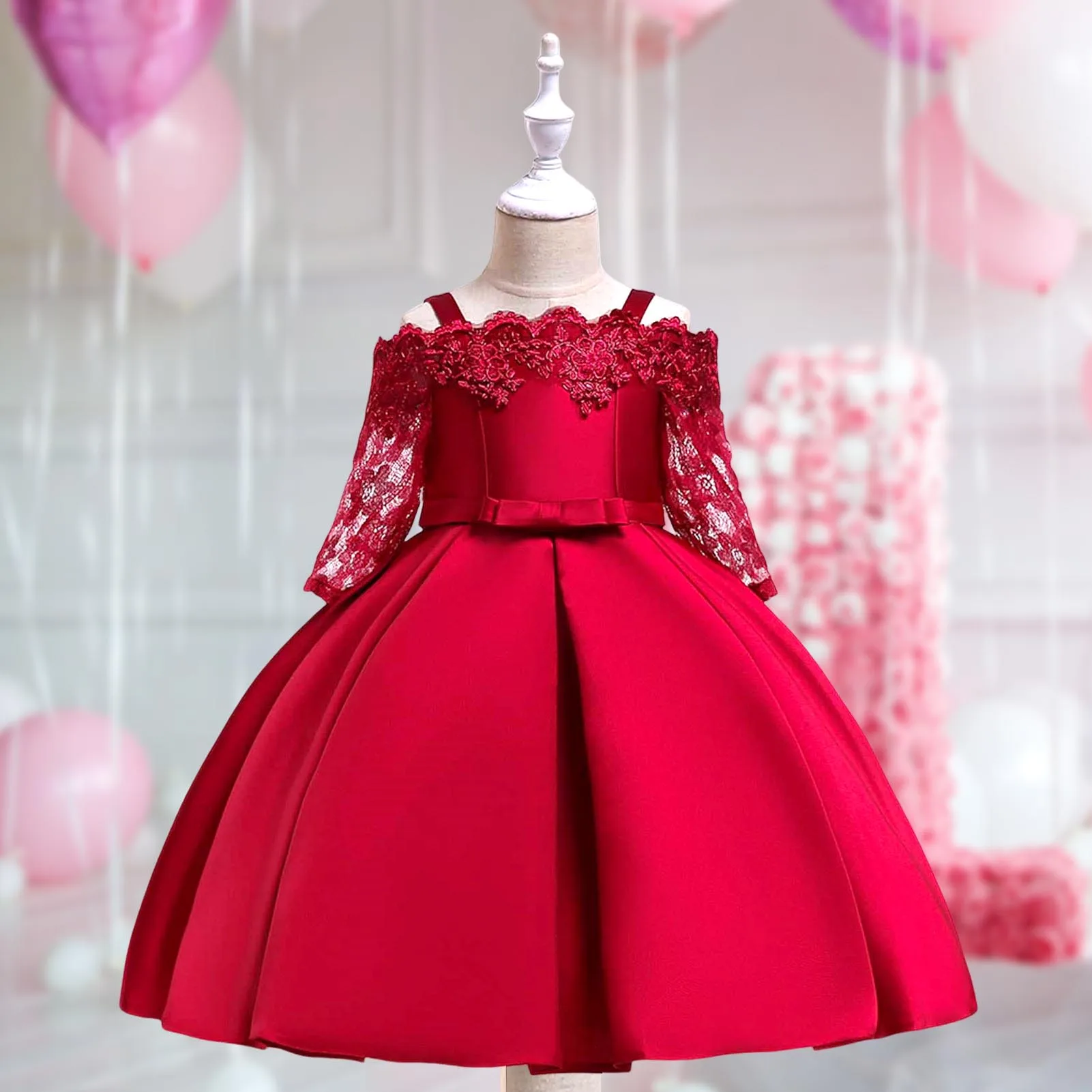 

Princess s Dress Off The Shoulder Lace Long Sleeve Gown Dress for 3-8 Years Kids Prom Ball Gown