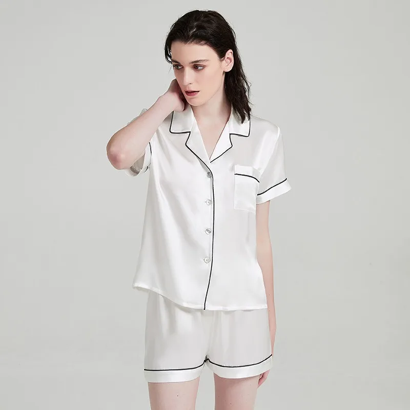 Women's Summer 2 Piece Set Embroidered Heavy Silk Pajamas with Short Sleeves Shorts Made From 100% Mulberry Silk 19 Momme  XL
