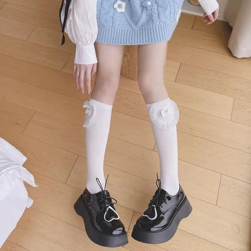 195E Damskie skarpetki w kształcie serca z kokardką w stylu Japońskie panieńskie piękne skarpetki z łydką Harajuku