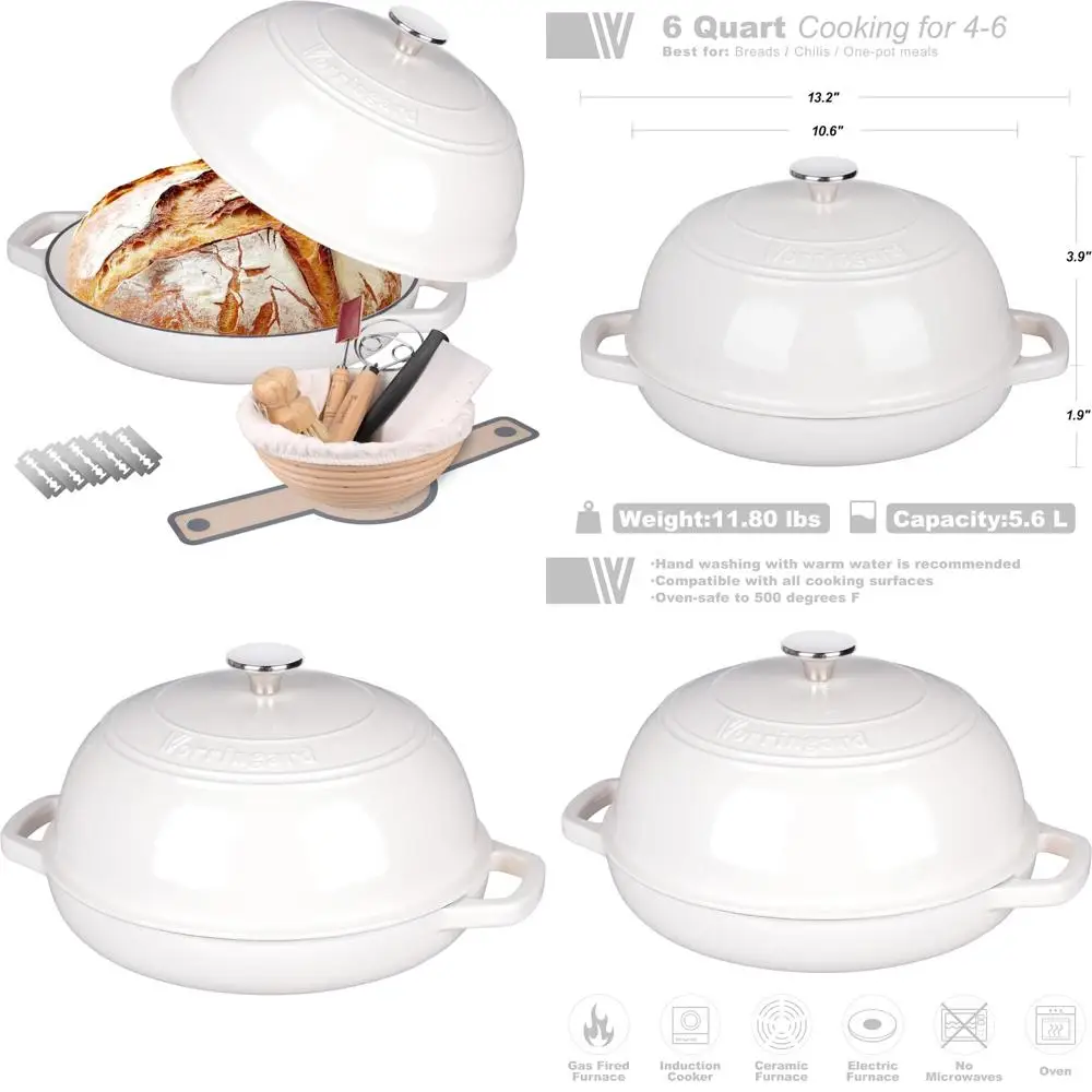 

Эмалированная чугунная голландская духовка для выпечки хлеба на закваске, включая тестовую корзину и аксессуары для выпечки