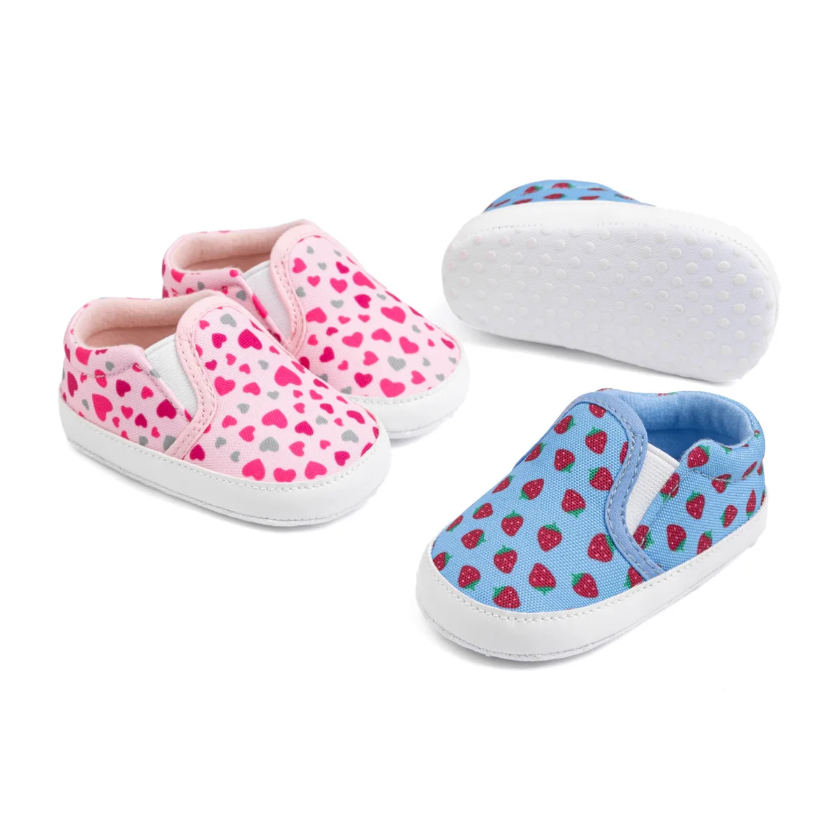 

2025 Infant Casual Canvas Shoes Pink Heart Strawberry Pattern Sleeve Mouth Baby Boys Girls Shoes Soft Cotton Sole Crib Shoes
