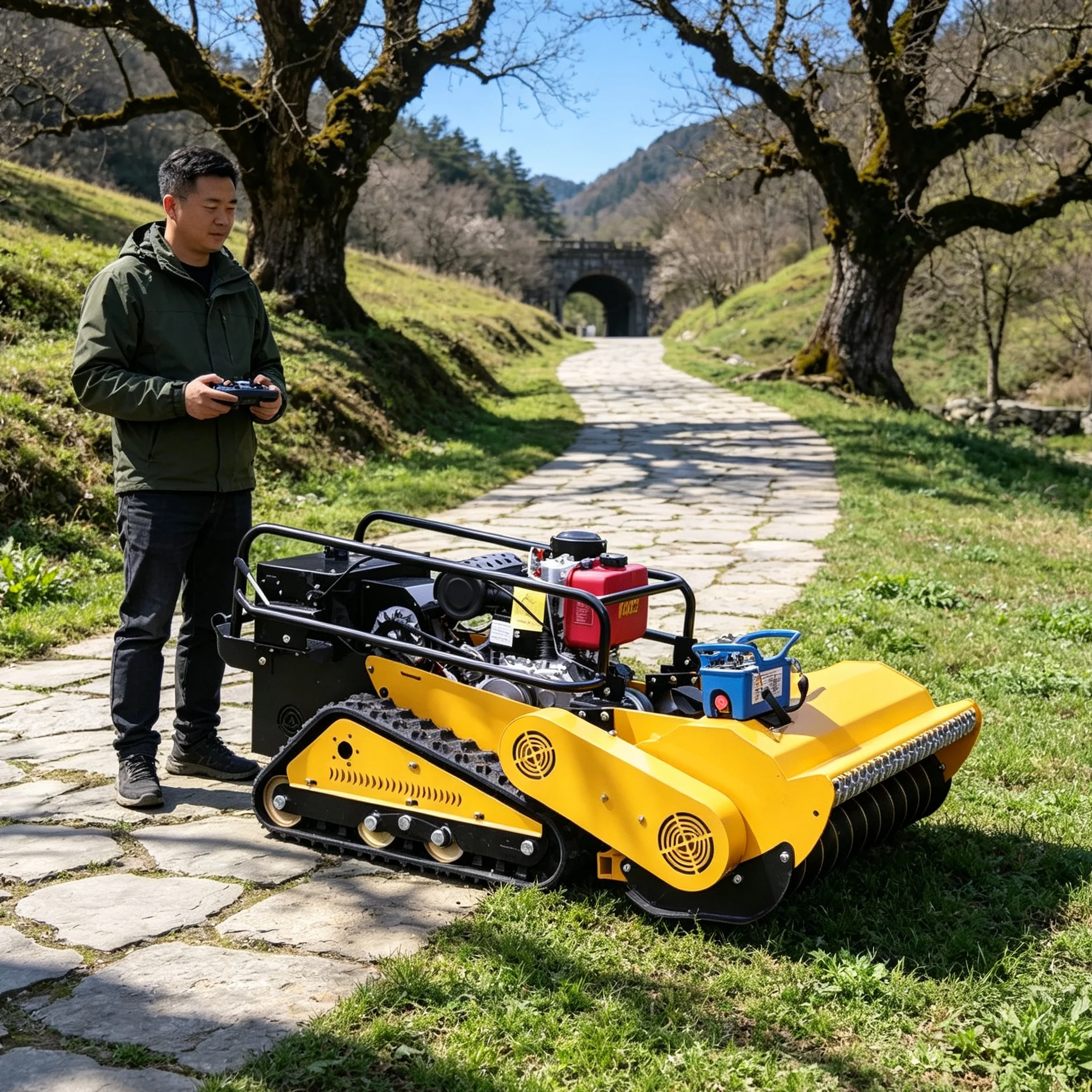 Customized 800SPro all‑terrain lawn mower with single‑cylinder four‑stroke engine and touch display screen, maintains public