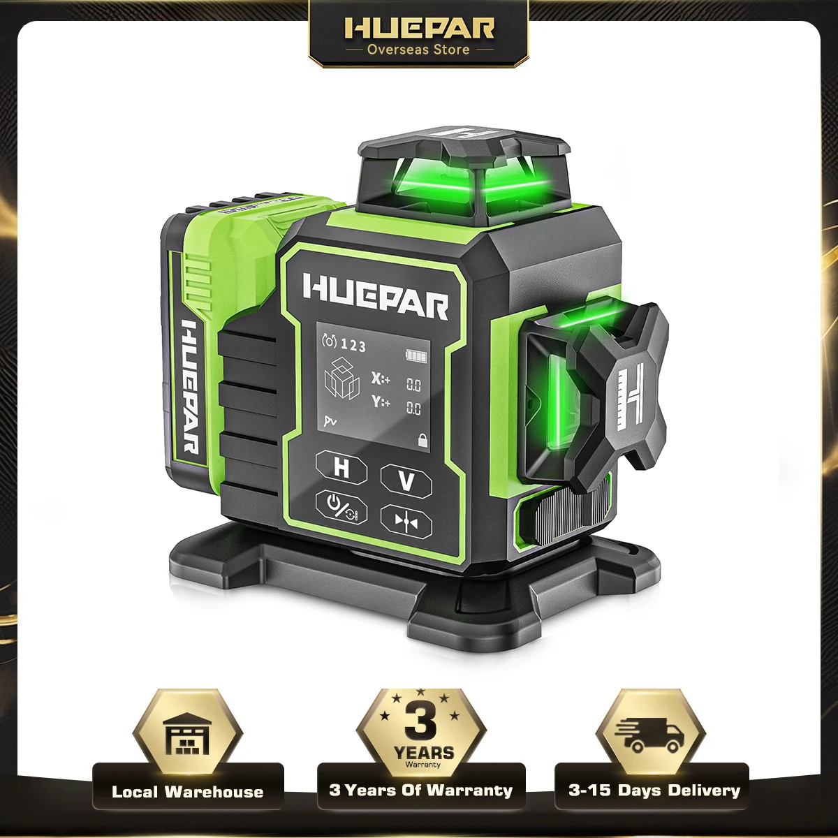 Huepar W03CG Laser-Wasserwaage, 3 x 360 selbstnivellierend, 3D-Bluetooth-Laser mit 12 Linien, elektrisch drehbarer Basis und großem LCD-Bildschirm