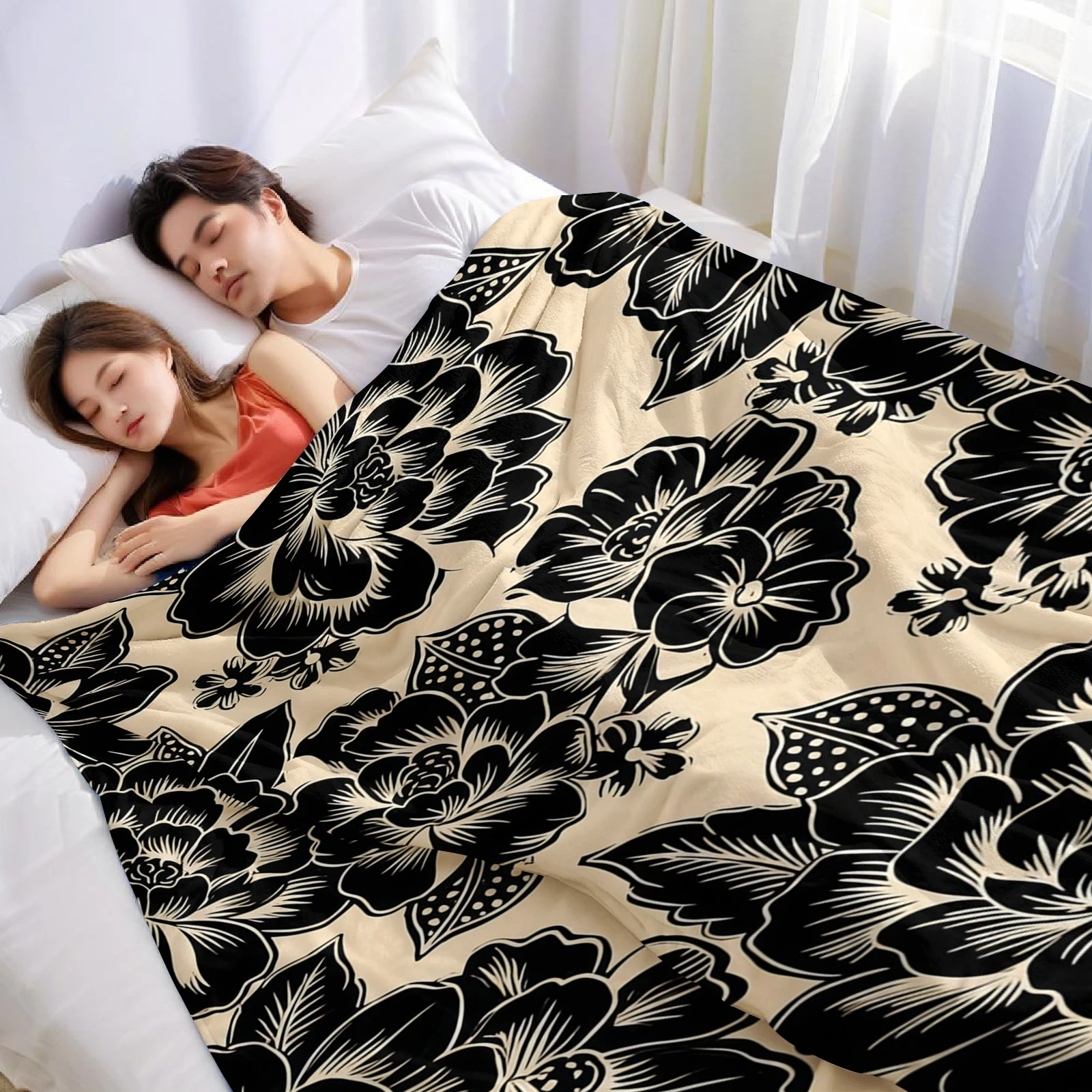 Black Peony Vintage Lightweight Microfiber Soft Christmas Fleece Blanket Warm Cozy Throw for Bed Sofa Office Travel All Season