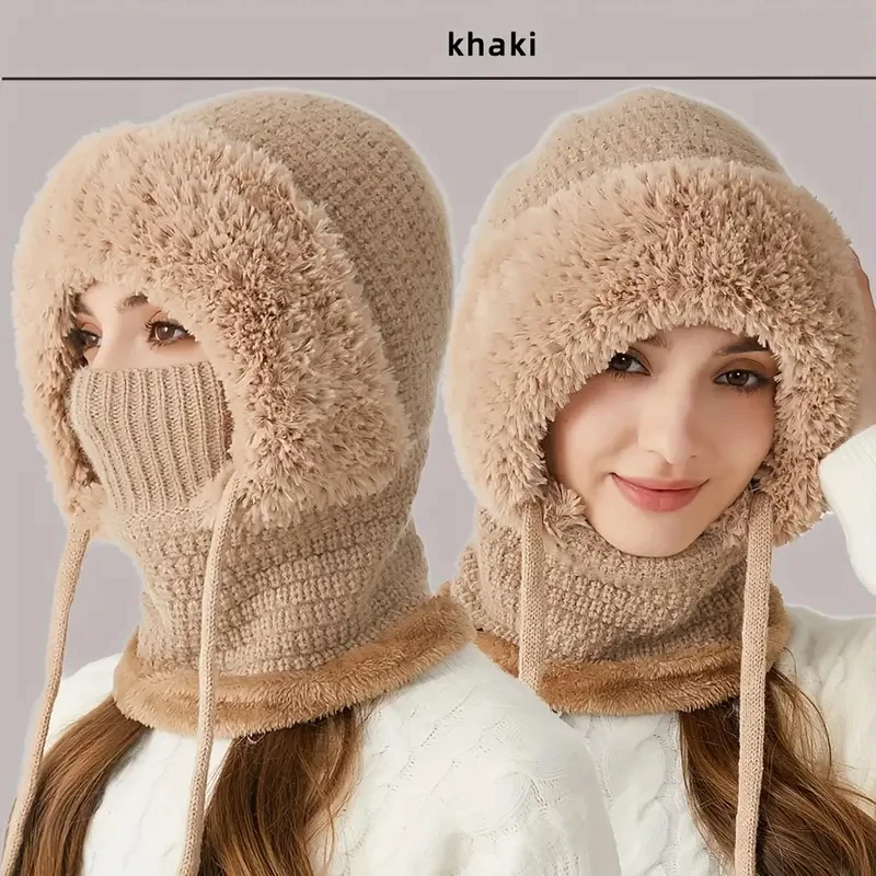 Women's 3-in-1 Winter Beanie, Neck Warmer & Face Mask Set - Cozy Cream Knit Hat with Ear Flaps, Elastic Acrylic Blend, Hand Wash