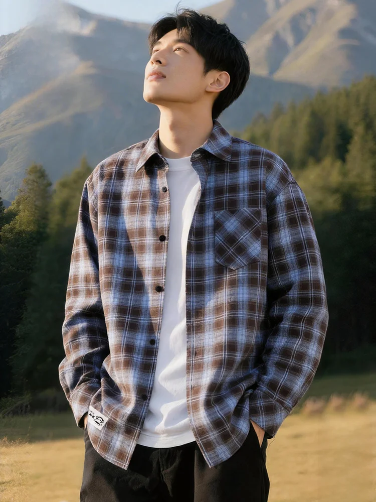 

Plaid Long Sve irt Men's Spring 2026 New Sle Teenager Layering Outerwear Trendy Youth Loose Fit Polyester F...