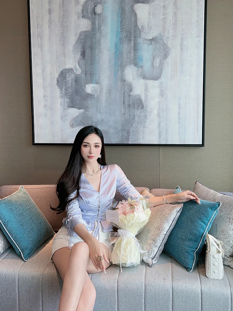 

Wangjiu Satin V-ne Pleated Hem irt Women's Slimming Top Waist-cinching Design Summer New Sle Pure Color Commute Faion