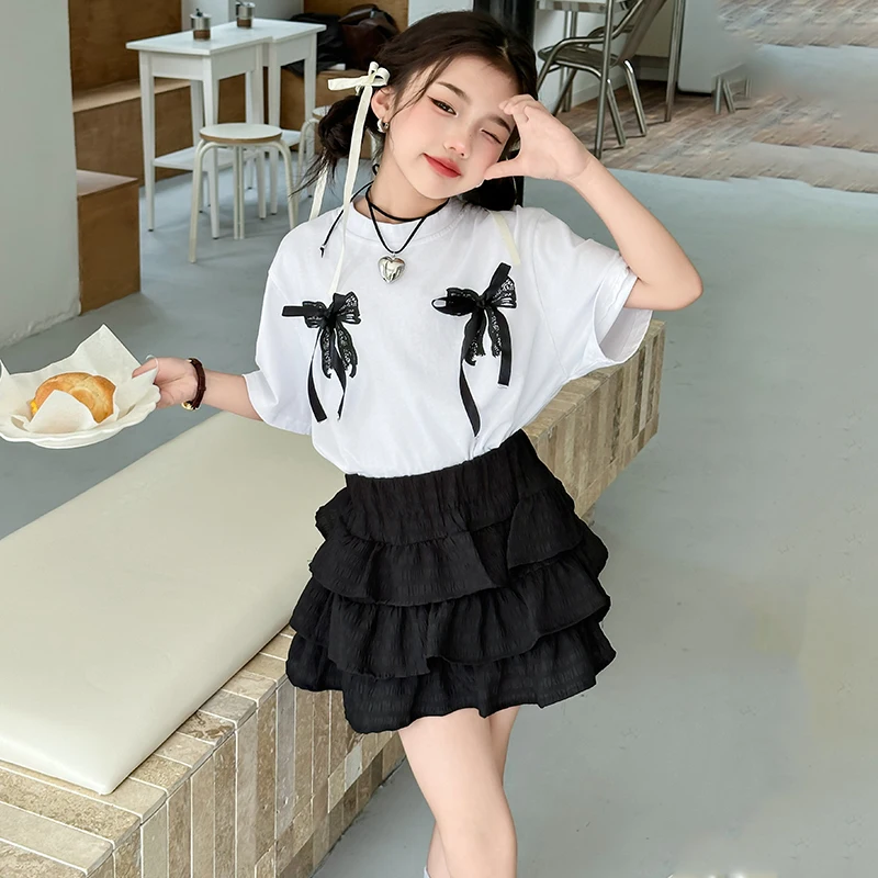 

Summer Girls Bow Print T-shirt Short sleeved Youth Versatile Top Princess Personalized Short sleeved Dress 4T 7T 9T 11T 12T 13T