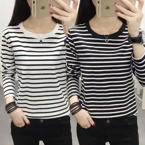 루즈핏 티셔츠 루즈핏 루즈핏 긴팔 롱슬리브 라운드넥 라운드칼라 여성용 스트라이프 줄무늬 티셔츠 탑 루즈핏 티셔츠