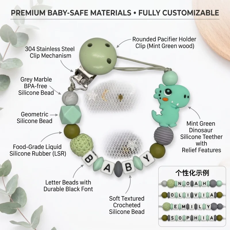 Mittsboy Personalized Pacifier Clip Custom Name Silicone Baby Teether Chain Dinosaur Dummy Holder BPA Free Baby Shower Gift