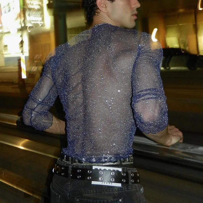 Mens Sexy Slim Stretch Purple Shiny Mesh See Through Short Long Sleeve O Neck Slim Fit  Top Crop T Shirts Live Show Dance