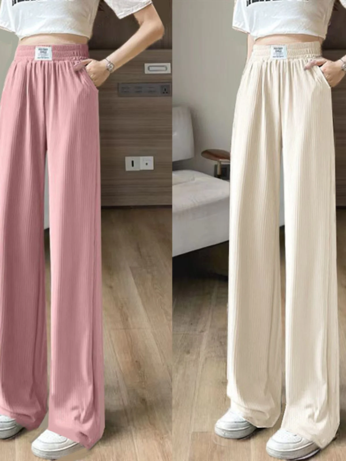 アイスシルクスリムワイドレッグパンツ レディース 夏 薄手 新作 ハイウエスト ドレープ ストレート カジュアルパンツ カジュアルトラウザーズ 女性用