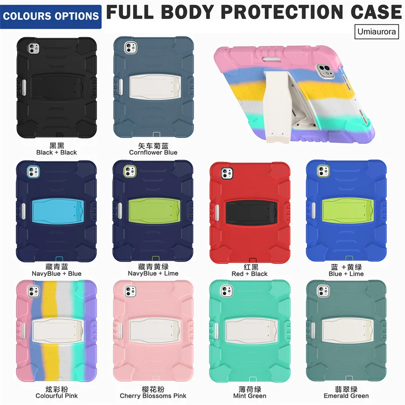 

For IPad Mini 8.3" A17 Pro 11 12.9 13 inch M5 M4 M3 Air 10.9 Shockproof Silicon PC Tablet Case Stand Pencil Holder Rugged Funda