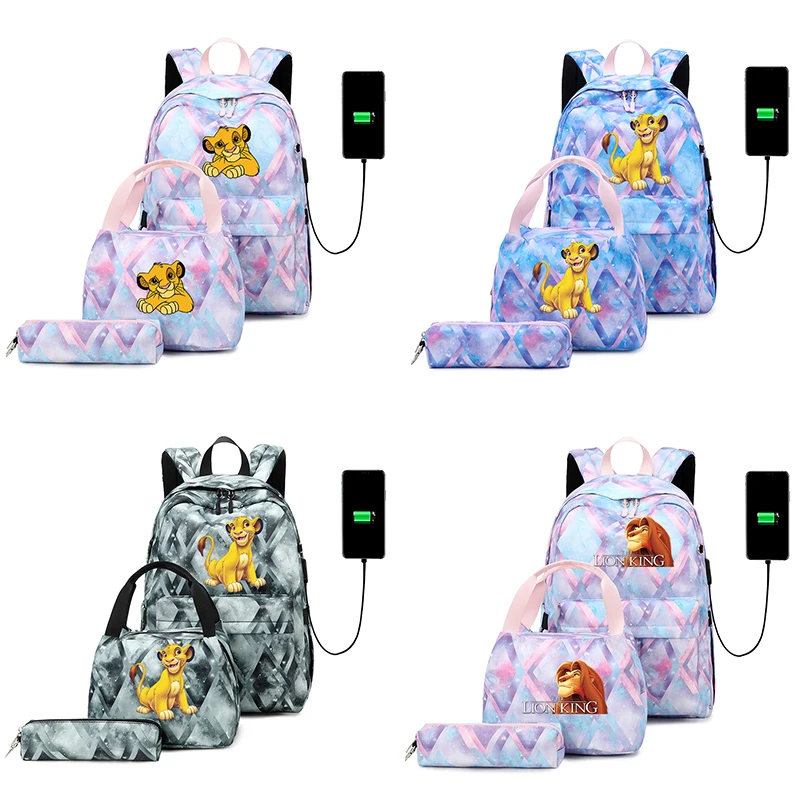 

3pcs Disney The Lion King Backpack Boys Girls USB Charging Bookbag Mochila Teenager Men Women Travel Casual Backpacks Sets