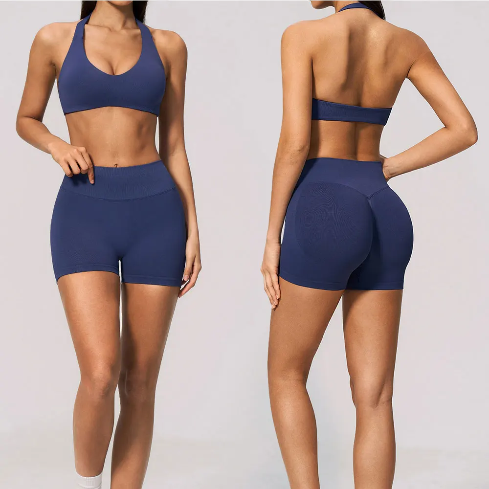 DUOMI Women Workout Set 2Pcs Gym Sportswear Backless Sports Bra Butt Lift Tummy Control Yoga Shorts Breathable Fitness Suit