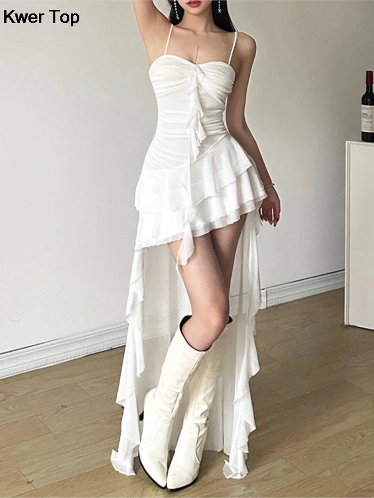 Summer Sexy Y2K Irregular Ruffle Dress Women Chic Korean White Black Sleeveless Party Club Long Dresses Female Clothes