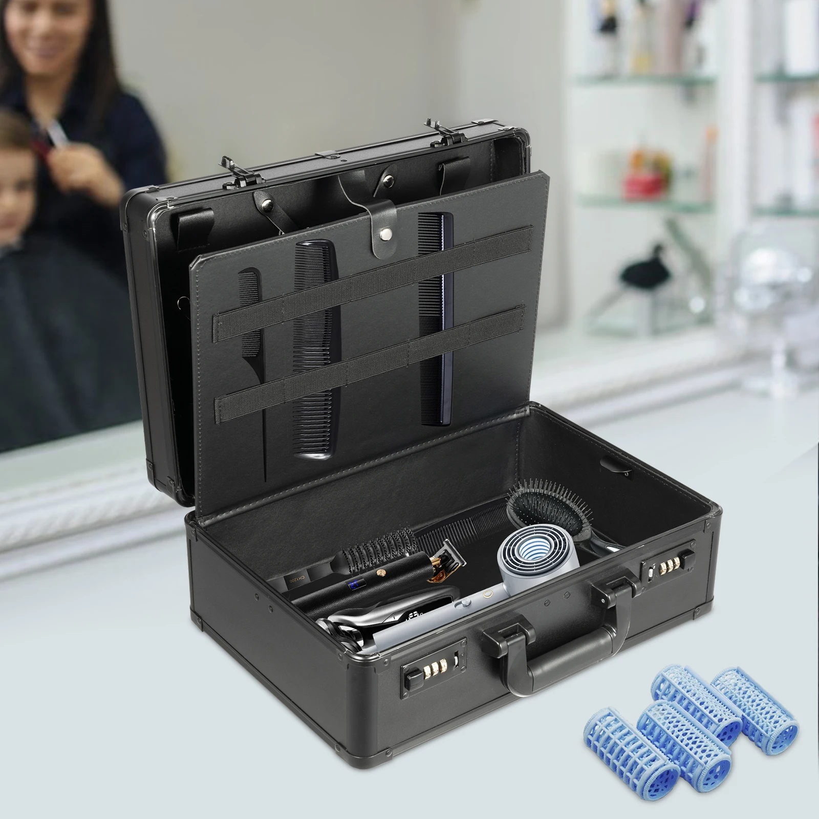黒色理髪ツールボックス、理髪ツールボックス、サロン用大容量プロ用ヘアキットオーガナイザー収納ディスプレイボックス