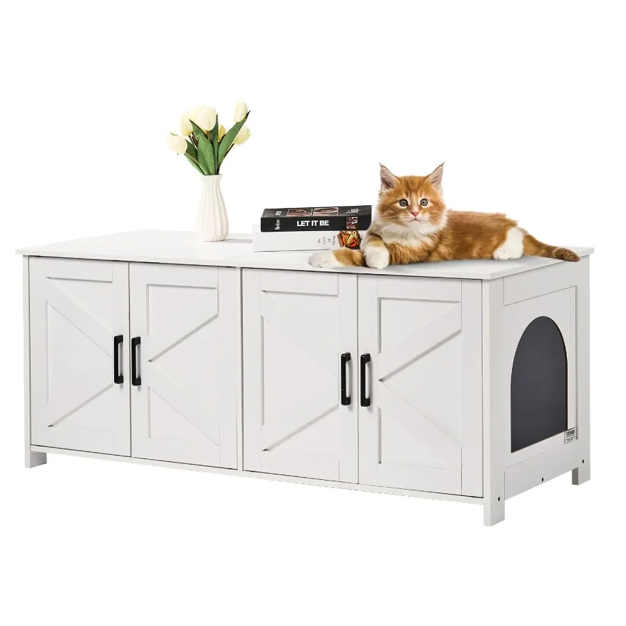 

Cat Litter Box Enclosure Wooden Litter Box Furniture Hidden 2 Rooms White