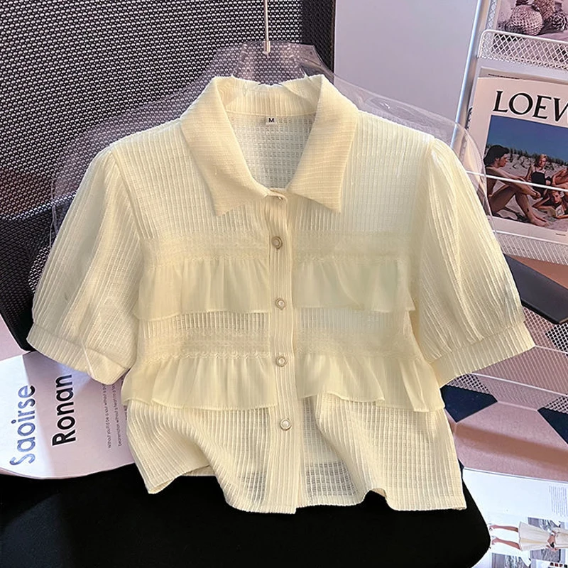 Women Trendy Ruffle Lace Patchwork Sweet Chic Button Shirts Textured Turn Down Collar Slim Blouses Solid Short Sleeve Crop Tops