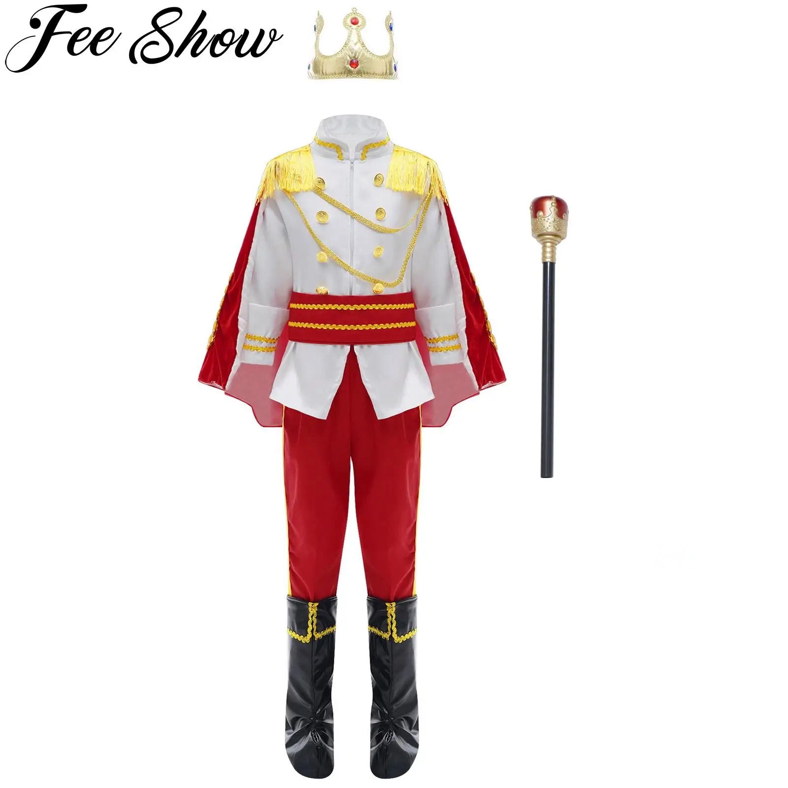 

Kids Boys Halloween Prince King Cosplay Costume Carnival Dress Up Roleplay Outfit Crown Scepter Jacket Girdle Pants Cape Suit