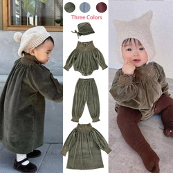 2023 Autumn Winter Bebe Toddler Girls Embroidery Dress Newborn Baby Velvet Cute Romper Kids Vintage Pants Children Clothes Set