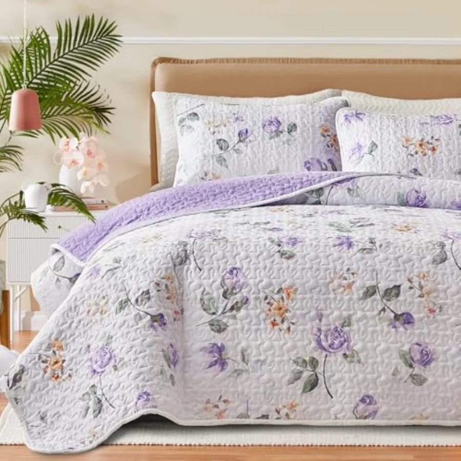 Floral Quilt Set Queen Size 88x88 with Purple Orange Flower Soft Microfiber Lightweight Coverlet Bedspread Reversible Summer 3p
