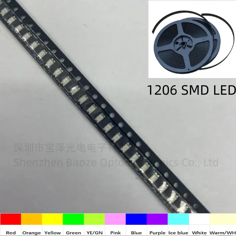 1206 SMD LED czerwony żółty zielony biały niebieski pomarańczowy różowy lód niebieski 3216 dioda emitująca światło 100 sztuk/partia