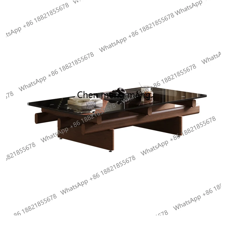 

Medieval style coffee table living room household small apartment solid wood tempered glass light luxury high sense