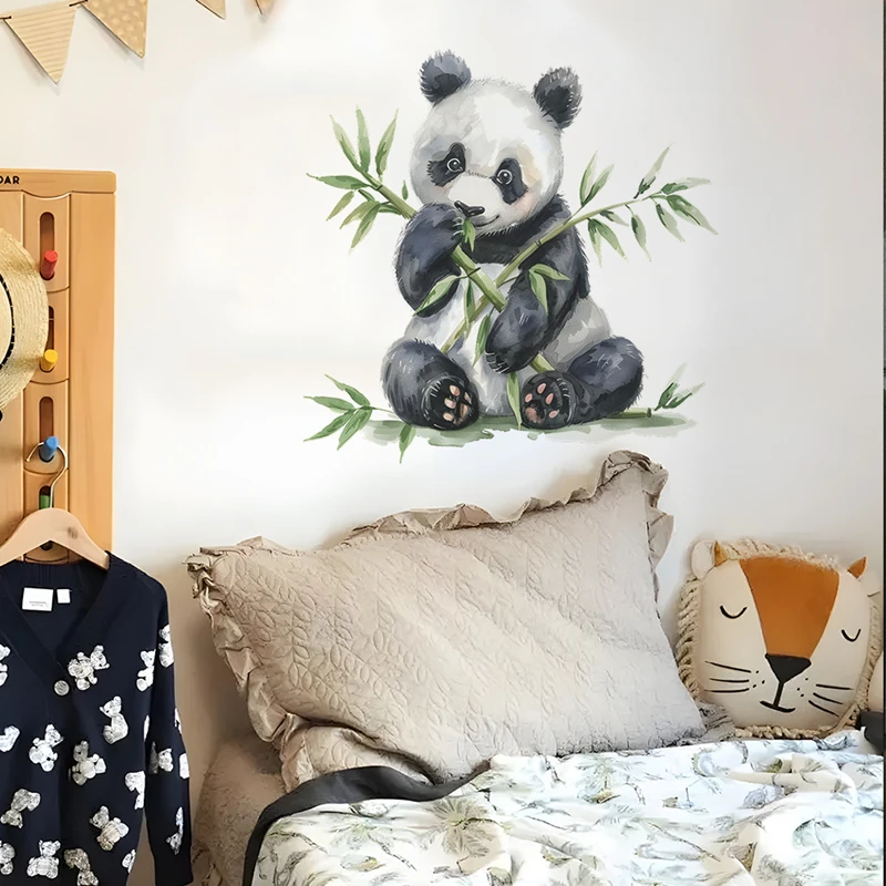 So Cute Baby Panda Eat Bamboo 3D Vinyl Wall Art Mural Stickers for Home Living Room Kids Bedroom Decoration Watercolor Wallpaper