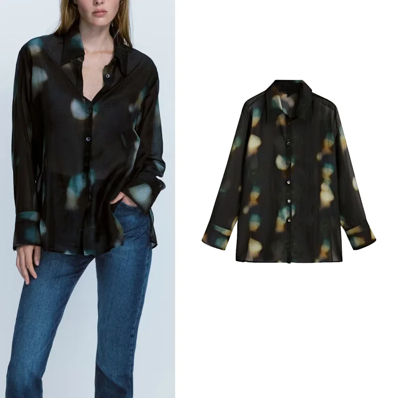 MD Women's Long Sleeve  Collar Printed Chiffon Semi-Transparent Shirt Comfortable Fit Commute Style Floral Polyester Fiber