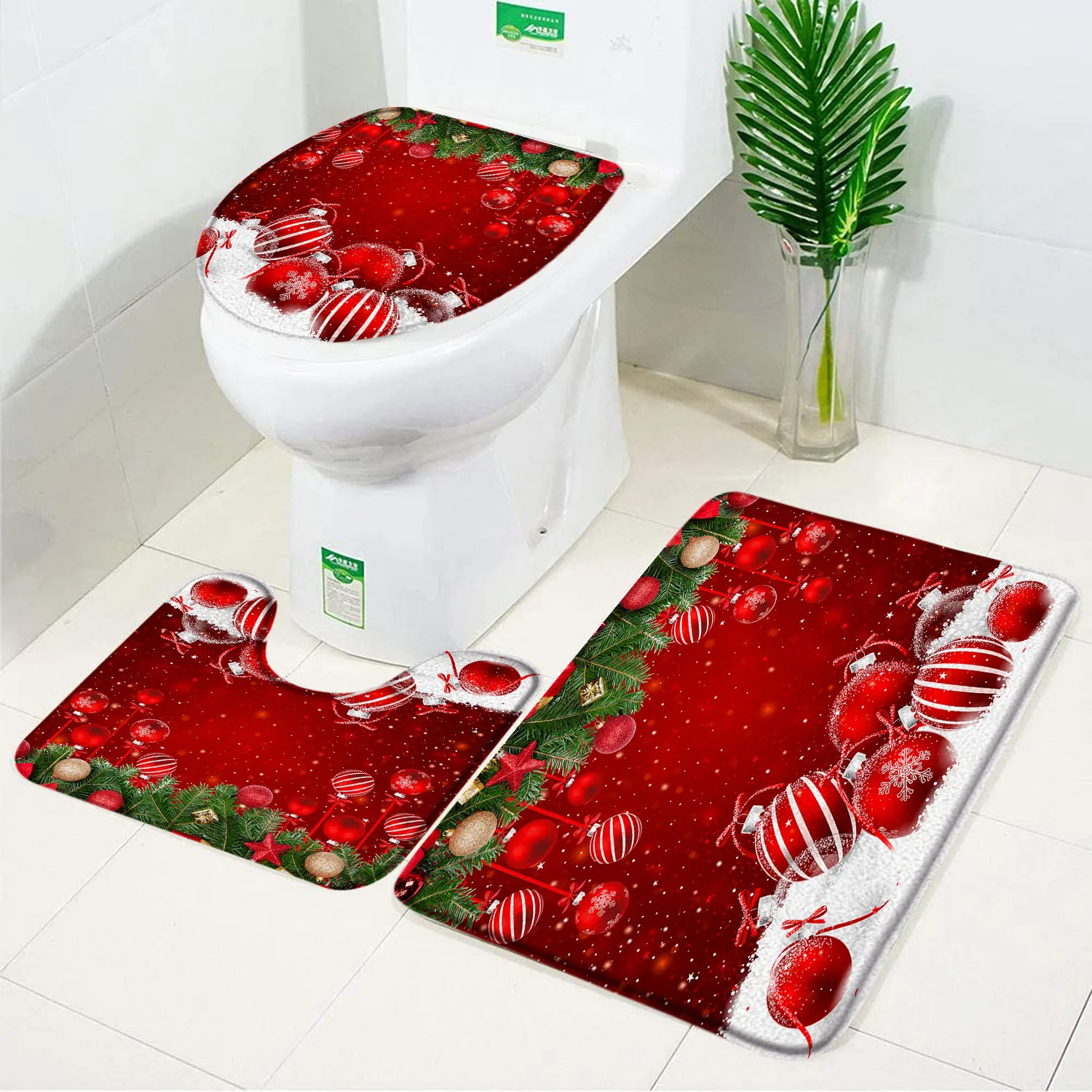 Christmas Bath Mat Set Santa Clause Elk Xmas Ball Star Snowflake Red New Year Home Bathroom Decor Carpet Non-Slip Rug Toilet Lid