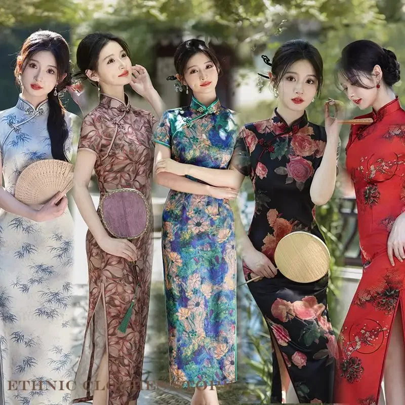 

Plus Size Traditional Chinese Long Cheongsam Female Qipao Vintgae Classic Print Flower Chinese Dress Satin Vestidos 3XL 4XL 5XL
