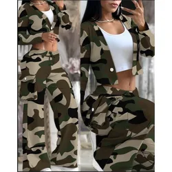 Camouflage Print Two Piece Sets Women Outfits Autumn Tracksuit Buttons Crop Top & Pants Casual Pocket  Sport Suit 2 Piece Set