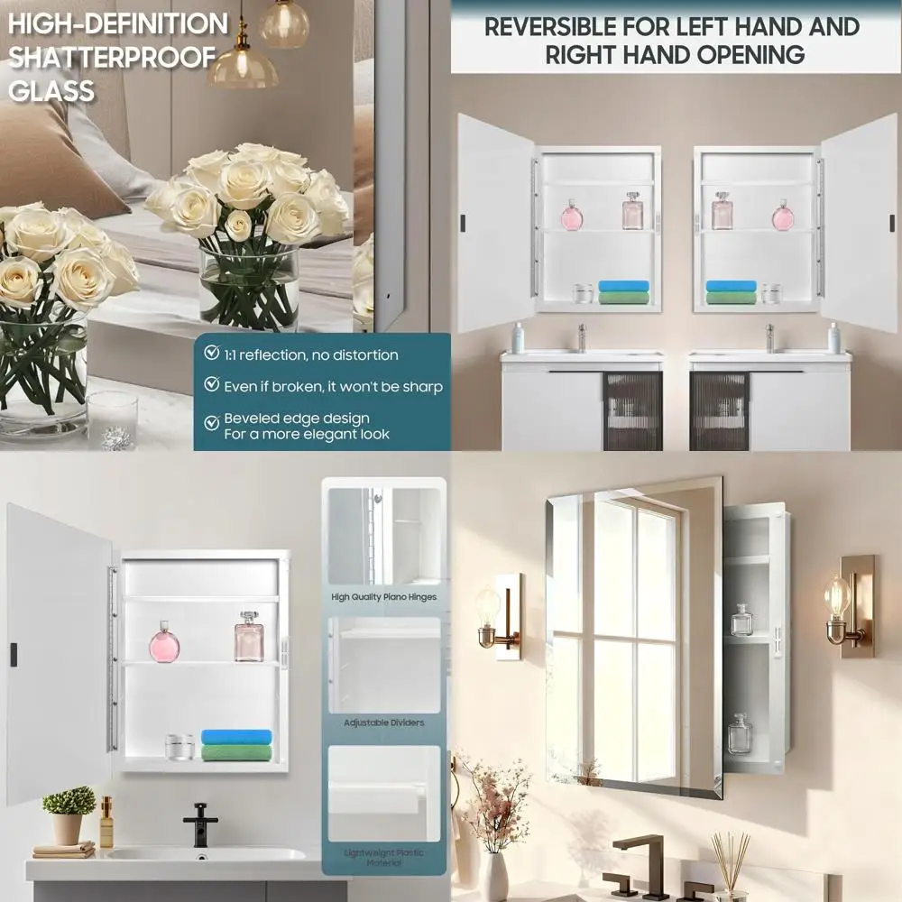 

Plastic Bathroom Medicine Cabinet Mirror 16x20 inch, Recessed Medicine Cabinet or Surface Wall Mount Bathroom Cabinets with Adju