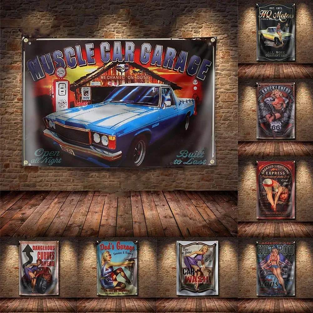 Garage Retro Banner Flag Hot Rod Decoration Tapestry High Heels Poster Wall Art AD Vintage Sign Motor Car Man Cave Pub Club Bar