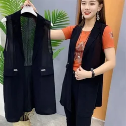 2024 New Mid-Length Black Sleeveless Vest Women's Summer Foreign Style Fashion Casual Fashion Suit Jacket Female Top Size 6XL