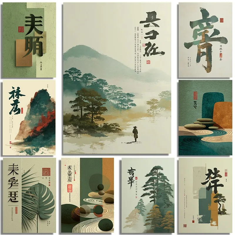 Каллиграфия в стиле дзен Japandi: минималистичные принты в земляных тонах, абстрактные произведения искусства, японские настенные картины, постеры на холсте, декор в стиле бохо для дома