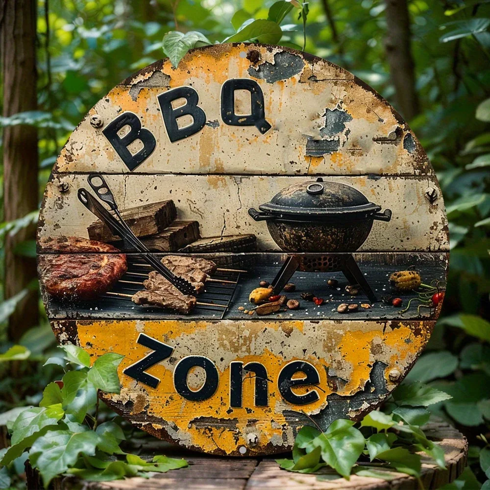 

Retro BBQ Zone Themed Wreath Sign, Round Aluminum Metal Decor Sign, for Home, Cafe, Bar, Apartmen, Wall Decoration, Holiday Gift