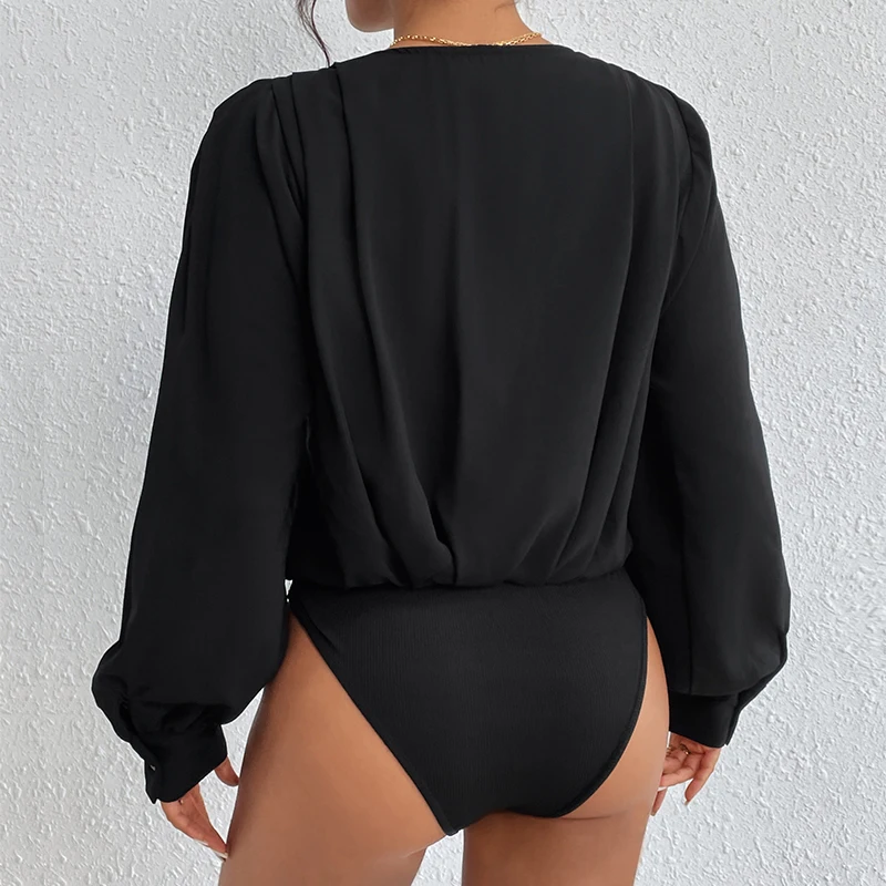 Benuynffy أسود الخامس الرقبة فانوس كم ارتداءها النساء 2025 الخريف موضة جديدة مكتب سيدة عالية الخصر قطعة واحدة Bodys امرأة علوية