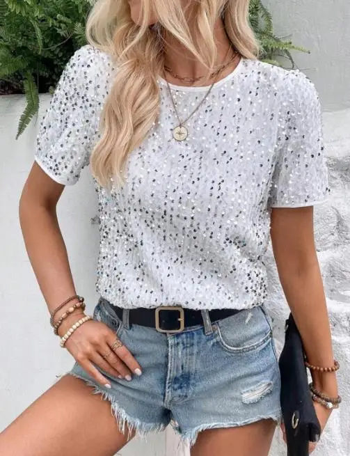 Top Frauen 2025, Frühling Sommer Neue Einfarbig Lose Fit Kurzarm Rundhals Pailletten Dekor Casual Täglichen T-Shirt Top
