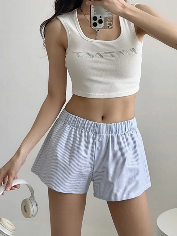 Gestreepte print casual shorts voor dames, elastische taille, mode, knoopbodems, streetwear chique basic Y2K losse shorts