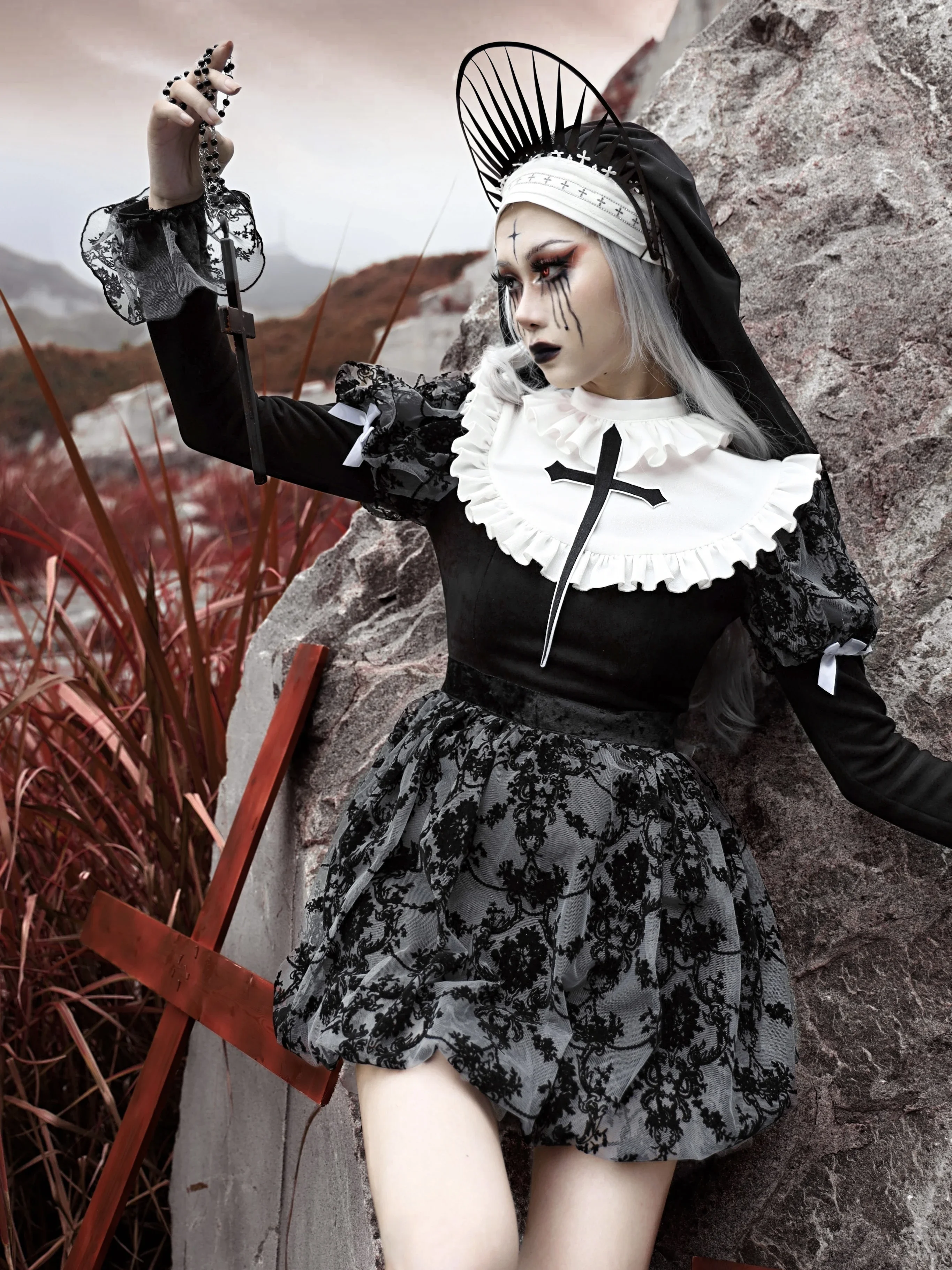 Blood Supply Original Gothic Black Cross Dress Nun Halloween Flocking Long Bubble Sleeve Mesh Rose Mini Dress Autumn Spring