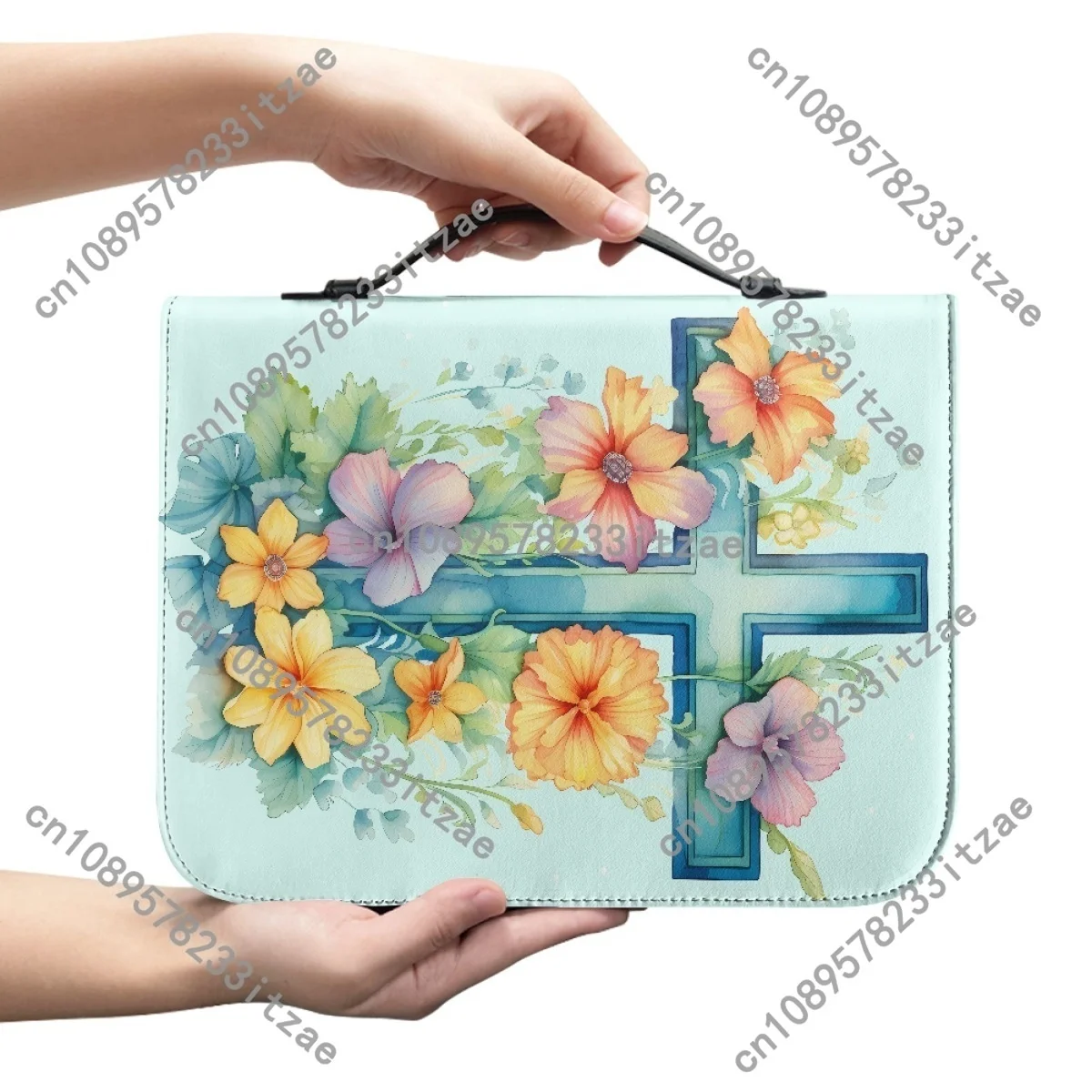 2024 Women's Personalized Bible Bag Pretty Floral Cross Design PU Leather Holy Bible Storage Bags Handle Handbags With Zipper