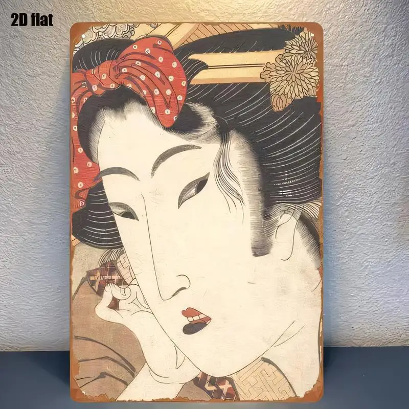 2D Flat Vintage Ukiyo - e Geisha Metal Tin Sign - Distressed Retro Wall Art (Red Bow, Floral) | Iron, for Japanese Home/Bars/Caf